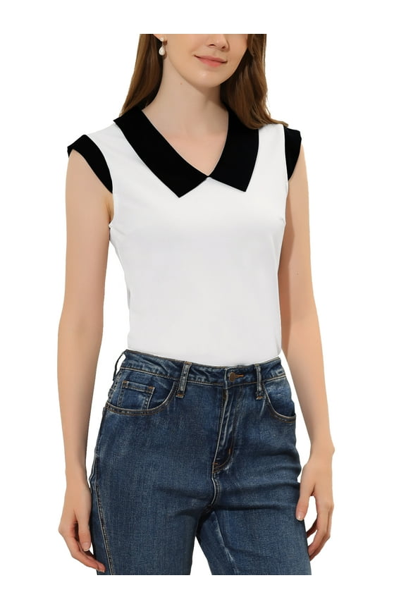 Women's Flat Collar Contrast Collar Stretchy Cap Sleeve Casual Blouse White M