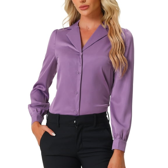 INSPIRE CHIC Women's Shirt Flat Collar Long Sleeves Button Down Office Satin Shirt L Magenta