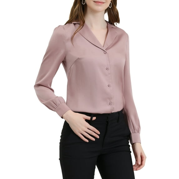 INSPIRE CHIC Women's Shirt Flat Collar Long Sleeves Button Down Office Satin Shirt L Pink