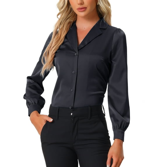 INSPIRE CHIC Women's Shirt Flat Collar Long Sleeves Button Down Office Satin Shirt M Black Blue