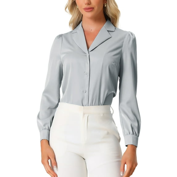 INSPIRE CHIC Women's Shirt Flat Collar Long Sleeves Button Down Office Satin Shirt M Light Gray