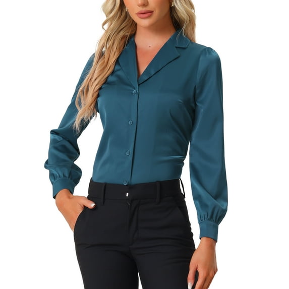 INSPIRE CHIC Women's Shirt Flat Collar Long Sleeves Button Down Office Satin Shirt M Peacock Blue