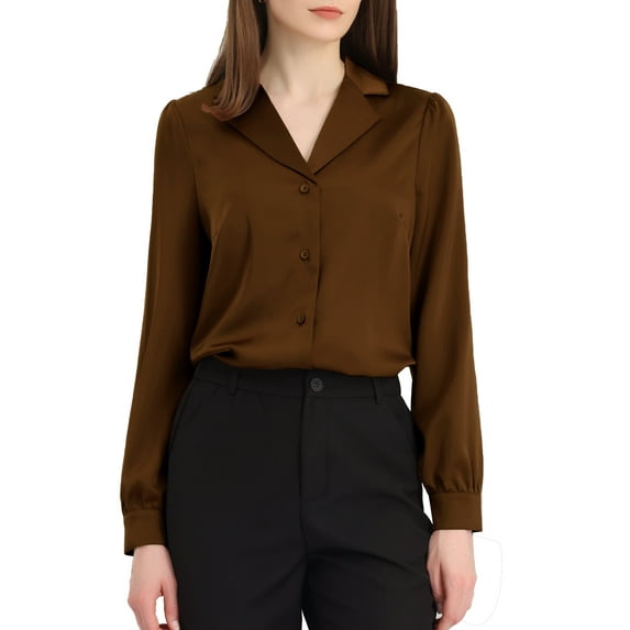 INSPIRE CHIC Women's Shirt Flat Collar Long Sleeves Button Down Office Satin Shirt XL Brown
