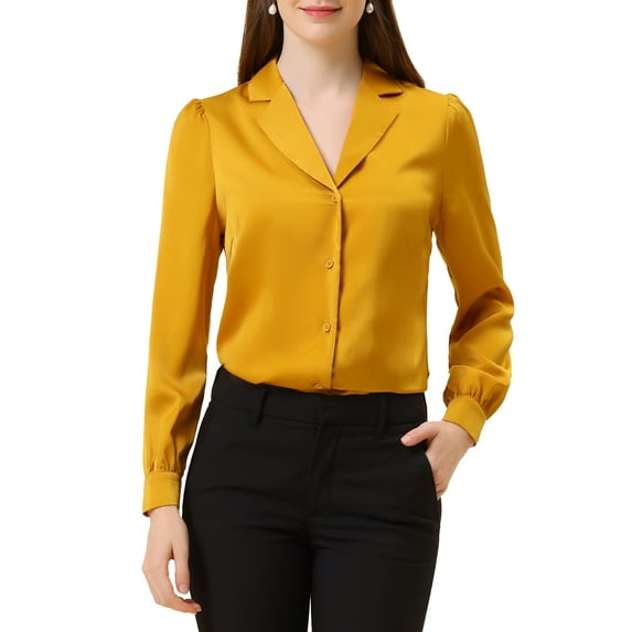 INSPIRE CHIC Women's Shirt Flat Collar Long Sleeves Button Down Office Satin Shirt XL Yellow