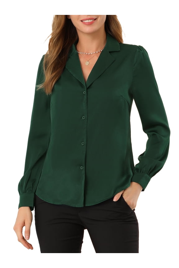 Women's Shirt Flat Collar Long Sleeves Button Down Office Satin Shirt XS Green