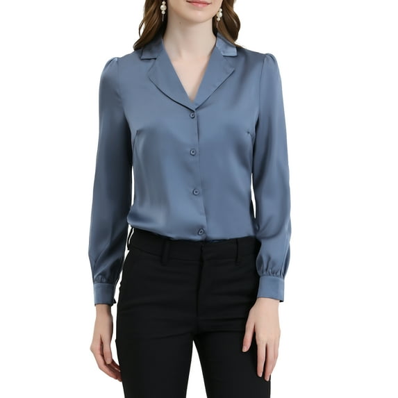 INSPIRE CHIC Women's Shirt Flat Collar Long Sleeves Button Down Office Satin Shirt XS Grey Blue