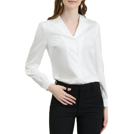INSPIRE CHIC Women's Shirt Flat Collar Long Sleeves Button Down Office Satin Shirt XS White
