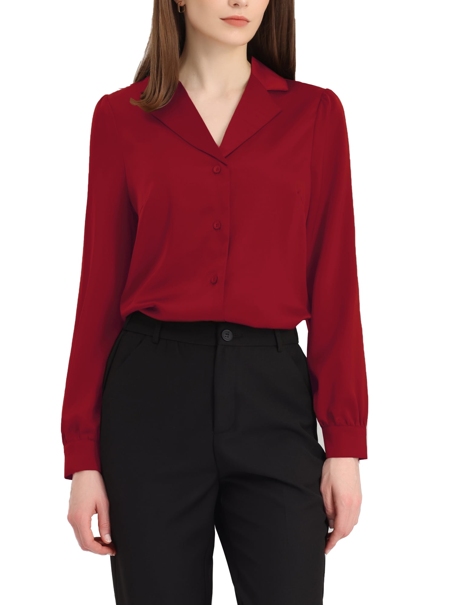 Allegra K Women's Flat Collar Long Sleeves Button Down Office Satin