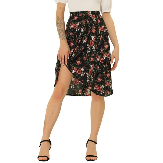 INSPIRE CHIC Women's Floral A-Line Flared Zipper Chiffon Midi Skirt Black M