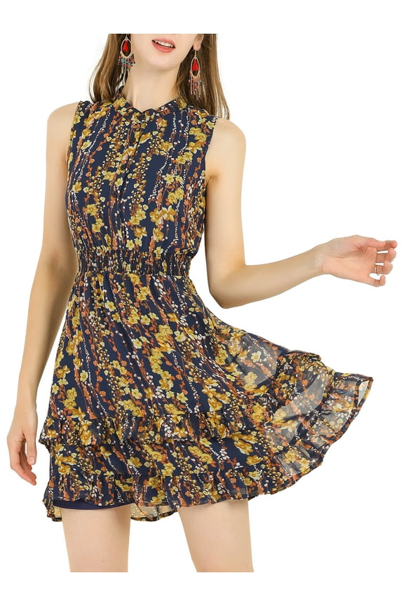 Women's Chiffon Dresses Smocked Chic Floral Sleeveless A-Line Mini Dress L Navy Blue