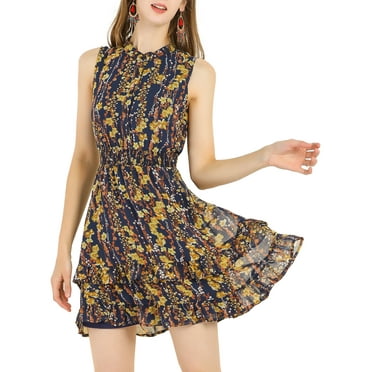 Allegra K Women's Floral A-Line Smocked Waist Tiered Ruffled Chiffon Mini Dress XL Navy Blue