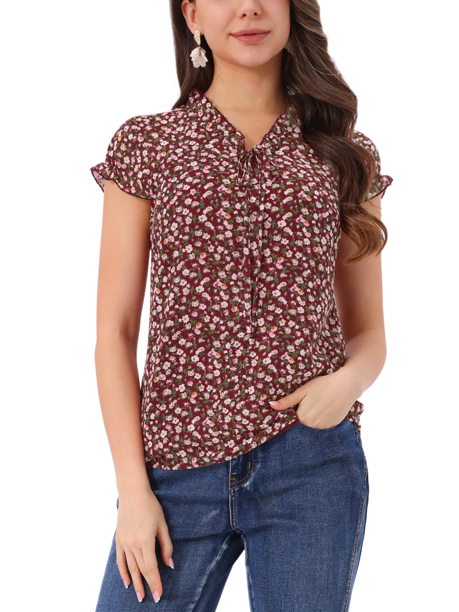 INSPIRE CHIC Women's Floral Blouse Short Cap Sleeve Chiffon Casual ...
