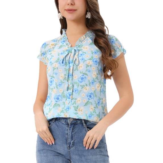 INSPIRE CHIC Valentine's Day Women's Floral Blouse Short Cap Sleeve Chiffon Casual Ruffle Tops XS Sky Blue