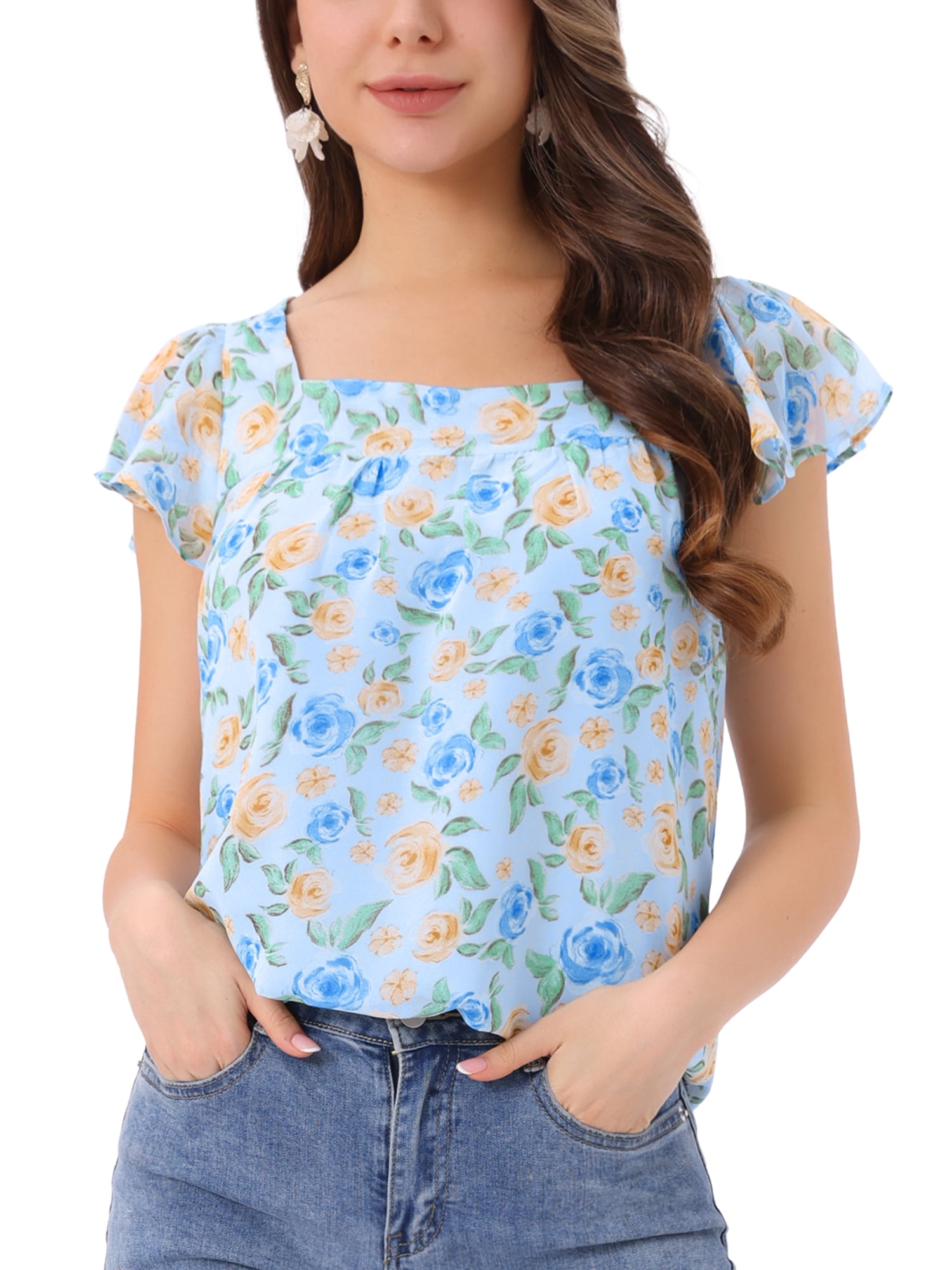 Casual Cuffed Sleeves Floral Print Women Light Blue Top