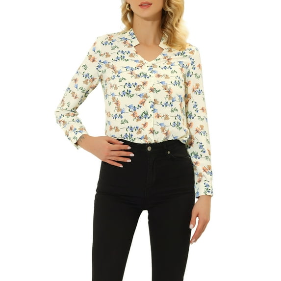 Allegra K Women's Floral Blouse Cut Out V Neck Long Sleeve Button Down Shirt