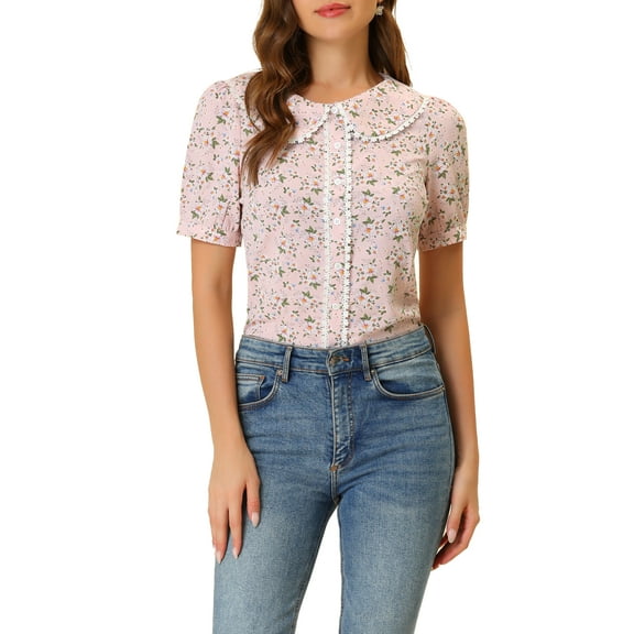INSPIRE CHIC Women's Floral Blouse Peter Pan Collar Lace Trim Button Down Shirt Pink XS