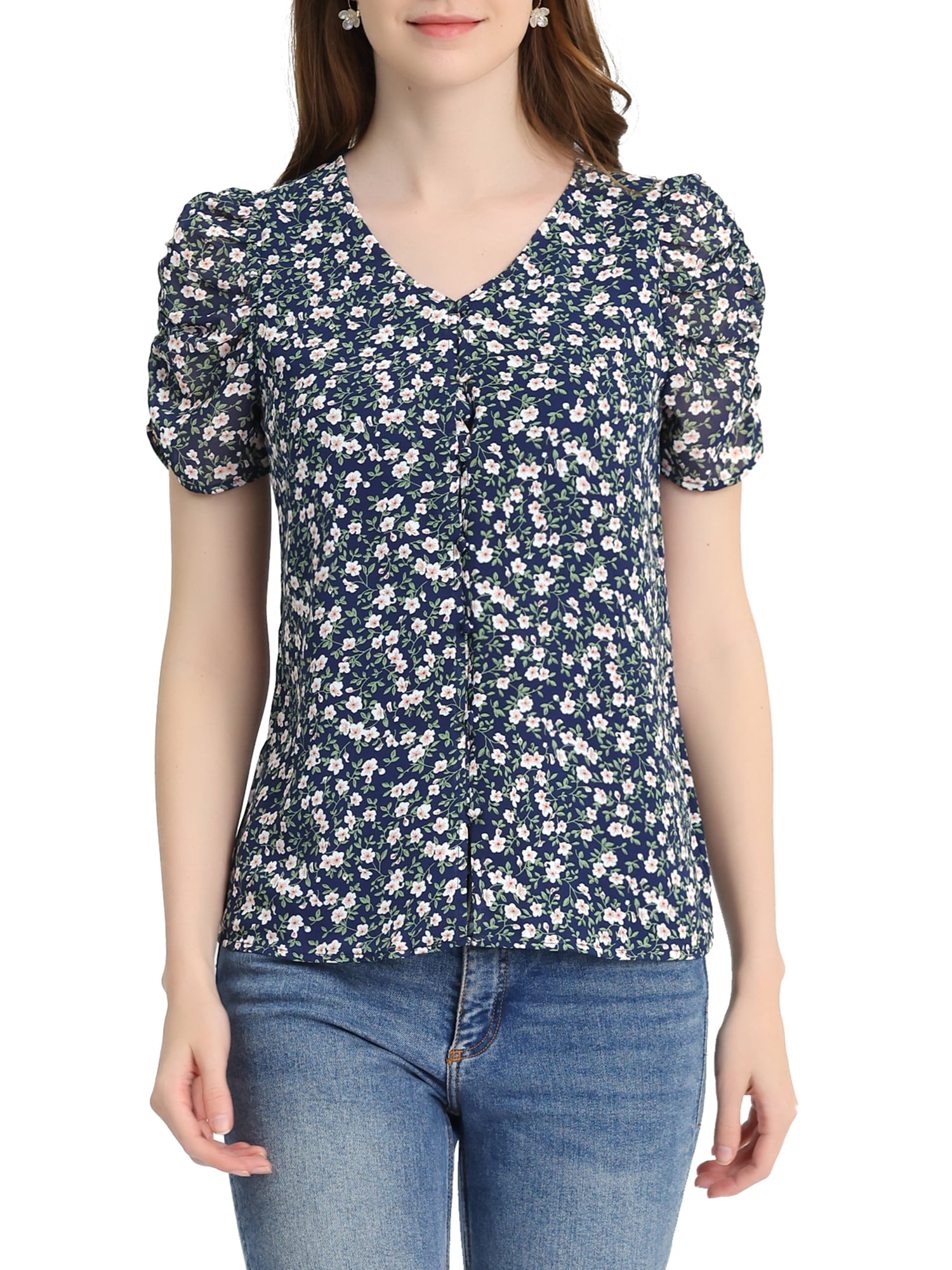 INSPIRE CHIC Women's Floral Blouse V Neck Relax Short Sleeve Tops M ...