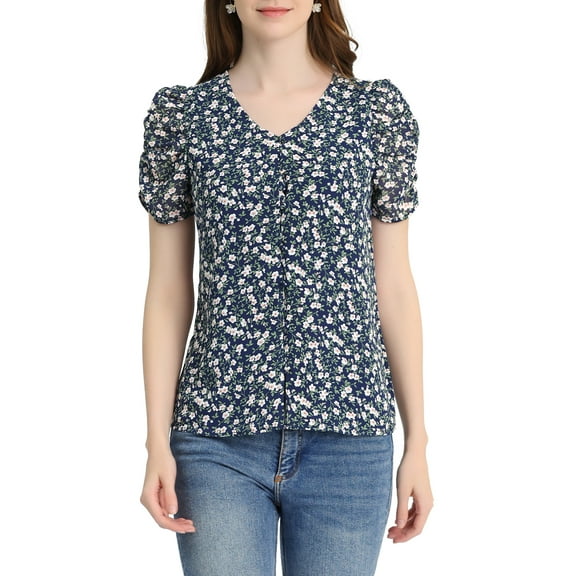 INSPIRE CHIC Women's Floral Blouse V Neck Relax Short Sleeve Tops M Navy Blue