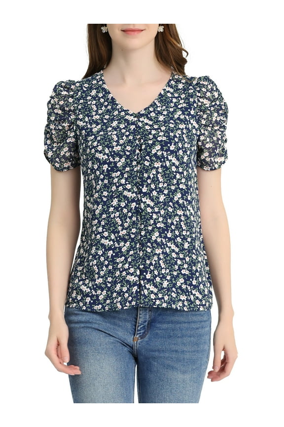 Women's Floral Blouse V Neck Relax Short Sleeve Tops M Navy Blue