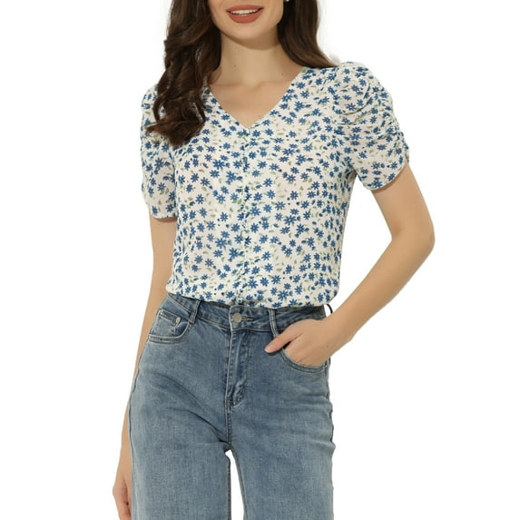 INSPIRE CHIC Women's Floral Blouse V Neck Relax Short Sleeve Tops S Blue