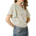 thumbnail image 1 of Allegra K Women's Floral Butterfly Short Sleeve Round Neck Casual Blouse Tops, 1 of 7