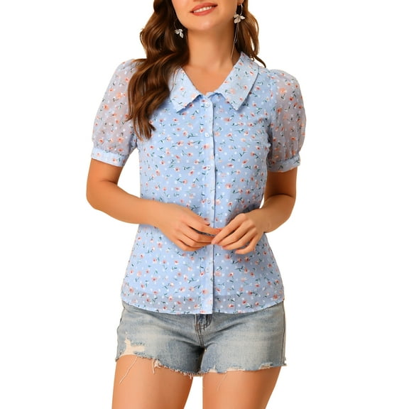 INSPIRE CHIC Women's Floral Button Down Collar Sweet Puff Sleeve Blouse