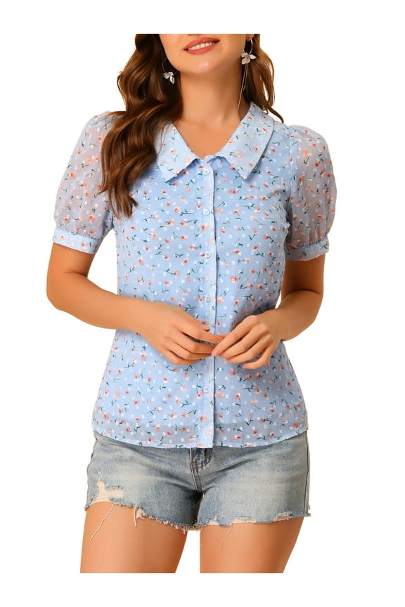 Women's Floral Button Down Collar Sweet Puff Sleeve Blouse