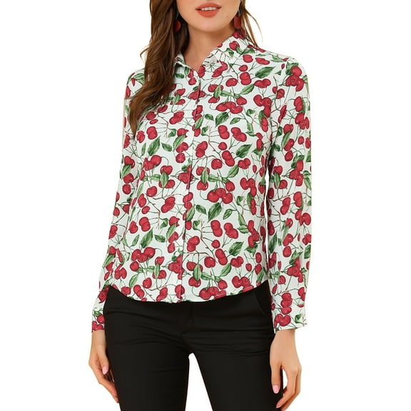 INSPIRE CHIC Women's Floral Button Down Long Sleeves Tie Neck Office Shirts Cherry M
