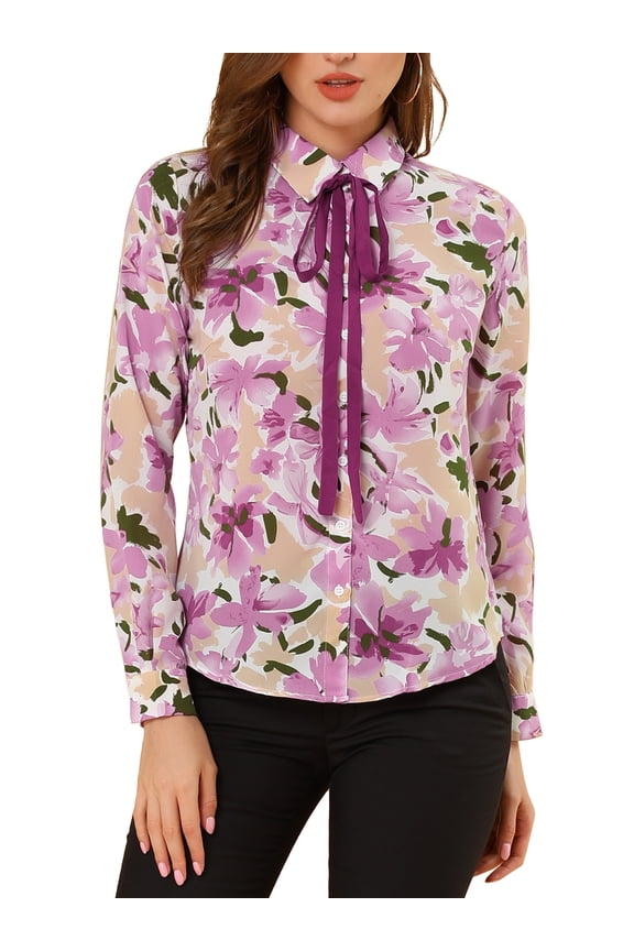 Women's Floral Button Down Long Sleeves Tie Neck Office Shirts XS Lily