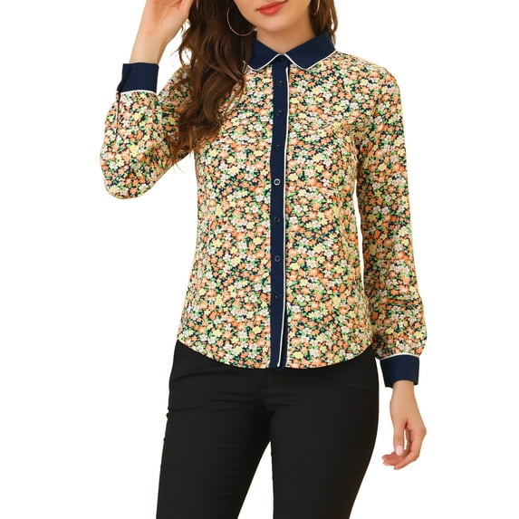 INSPIRE CHIC Women's Floral Button up Contrast Color Long Sleeve Work Office Shirt