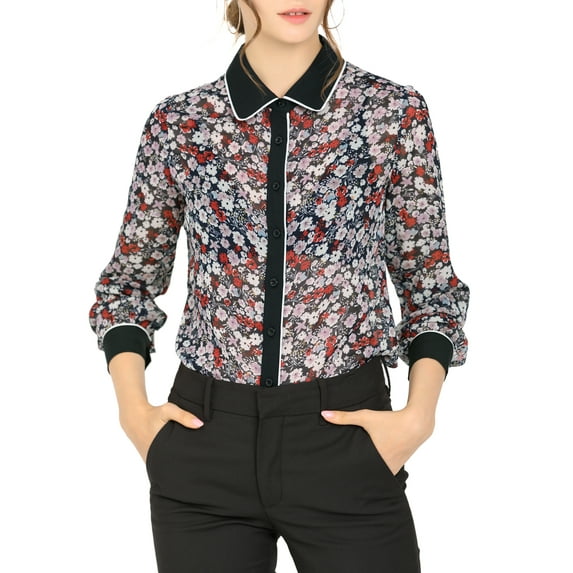 Allegra K Women's Floral Button up Contrast Color Long Sleeve Work Office Shirt