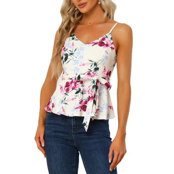 INSPIRE CHIC Women's Floral Cami Sleeveless Tank Top V Neck Tie Waist Peplum Blouse S Beige