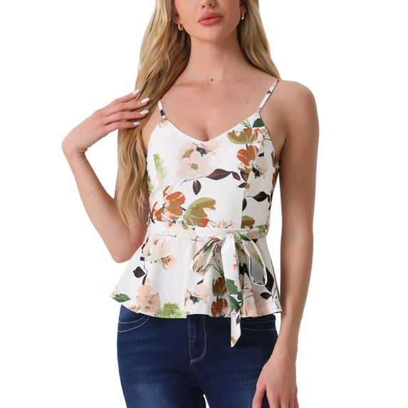 INSPIRE CHIC Women's Floral Cami Sleeveless Tank Top V Neck Tie Waist Peplum Blouse S White Green