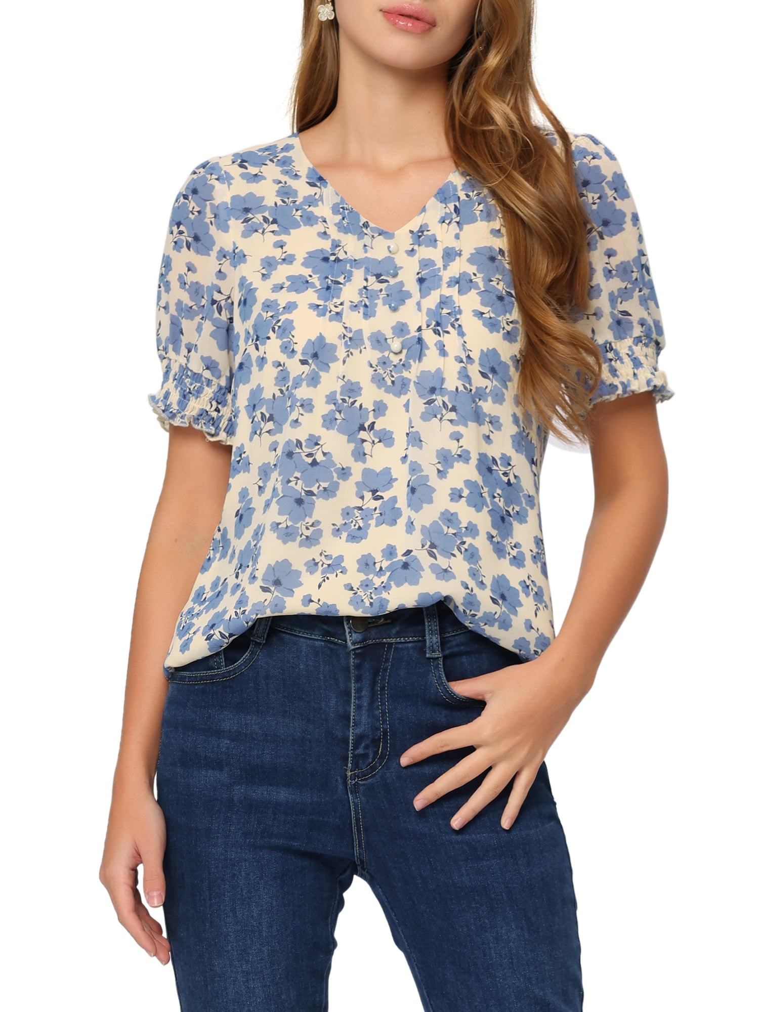 Allegra K Women's Floral Chiffon Top - Button Front & Puff Short Sleeves