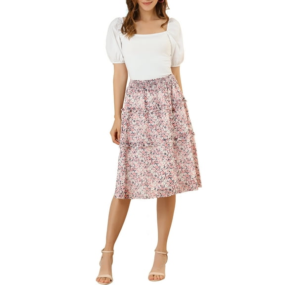 INSPIRE CHIC Women's Floral Skirts Summer Chiffon Smocked Elastic Waist A-Line Below Knee Length Ruffle Tiered Skirt XS Pink