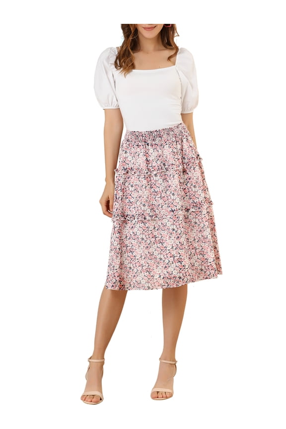 Women's Floral Skirts Summer Chiffon Smocked Elastic Waist A-Line Below Knee Length Ruffle Tiered Skirt XS Pink