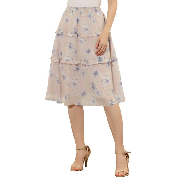 INSPIRE CHIC Women's Floral Skirts Summer Chiffon Smocked Elastic Waist A-Line Below Knee Length Ruffle Tiered Skirt XS Pink Blue