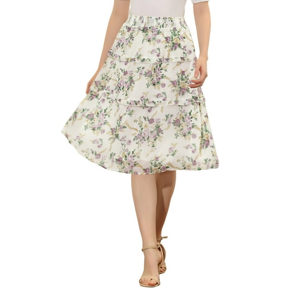 INSPIRE CHIC Women's Floral Skirts Summer Chiffon Smocked Elastic Waist A-Line Below Knee Length Ruffle Tiered Skirt XL White Purple
