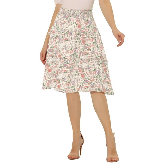 INSPIRE CHIC Women's Floral Skirts Summer Chiffon Smocked Elastic Waist A-Line Below Knee Length Ruffle Tiered Skirt M White2