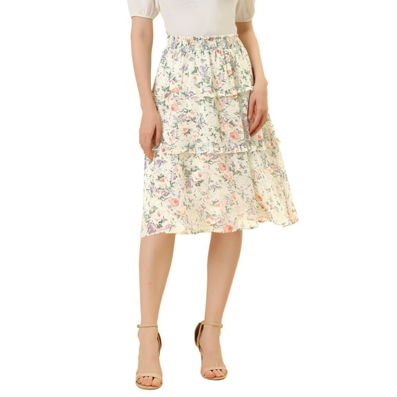 INSPIRE CHIC Women's Floral Skirts Summer Chiffon Smocked Elastic Waist A-Line Below Knee Length Ruffle Tiered Skirt XL White