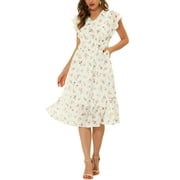 INSPIRE CHIC Women's Floral Chiffon Elastic Waist V Neck Ruffled Hem Dress XS White