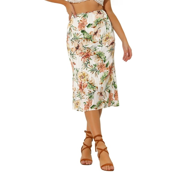 INSPIRE CHIC Women's Floral Chiffon High Waist Midi Pencil Skirt S White