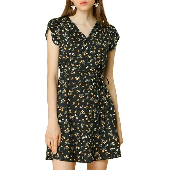 INSPIRE CHIC Women's Floral Crossover V Neck Petal Sleeves Belted Dress L Black