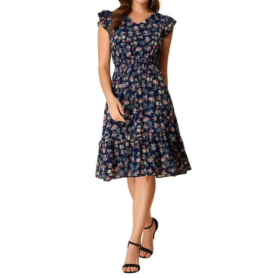 INSPIRE CHIC Women's Dress Floral Flutter Sleeves V Neck Smocked Ruffle ...