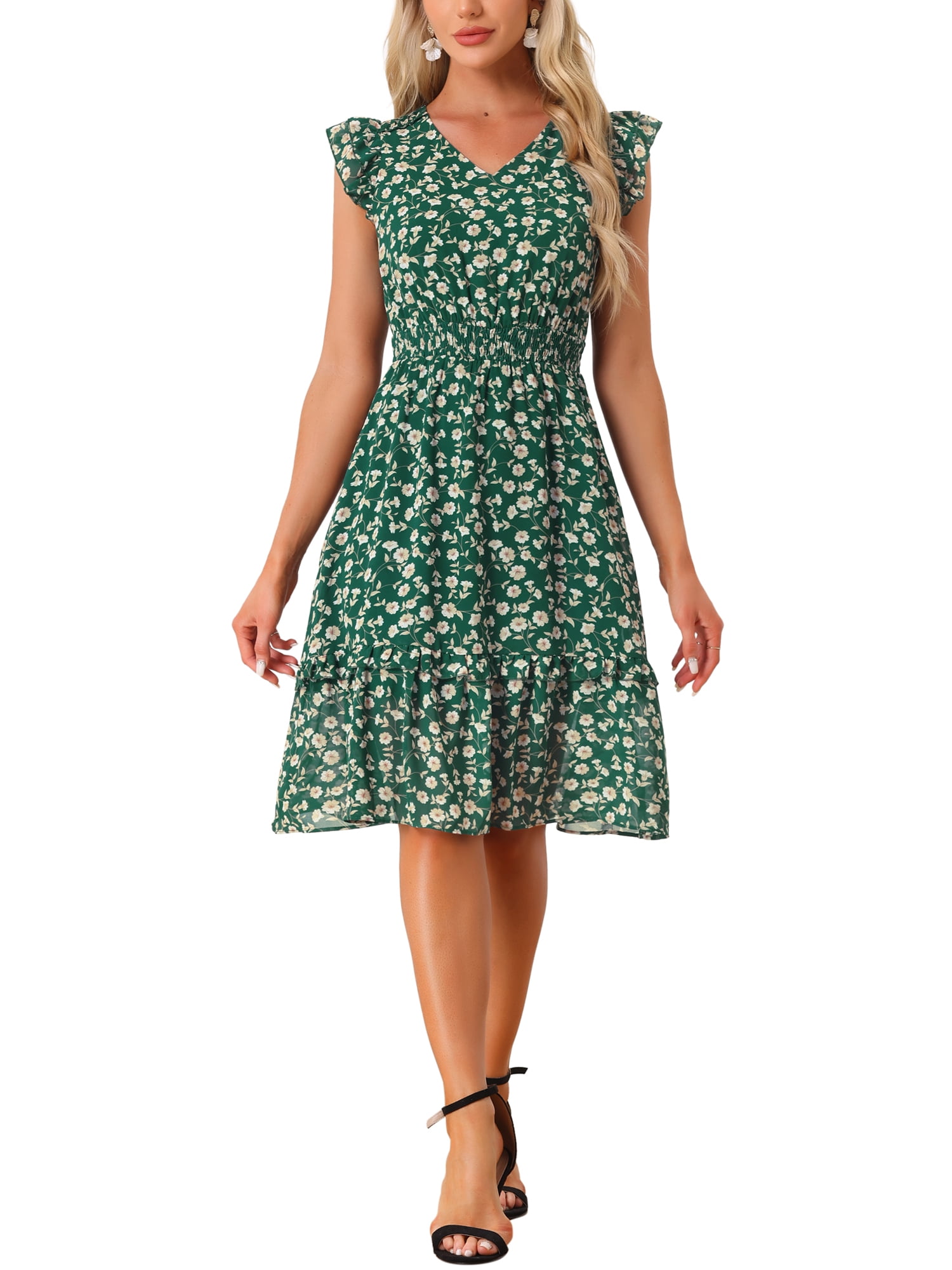 INSPIRE CHIC Women's Dress Floral Flutter Sleeves V Neck Casual Smocked ...