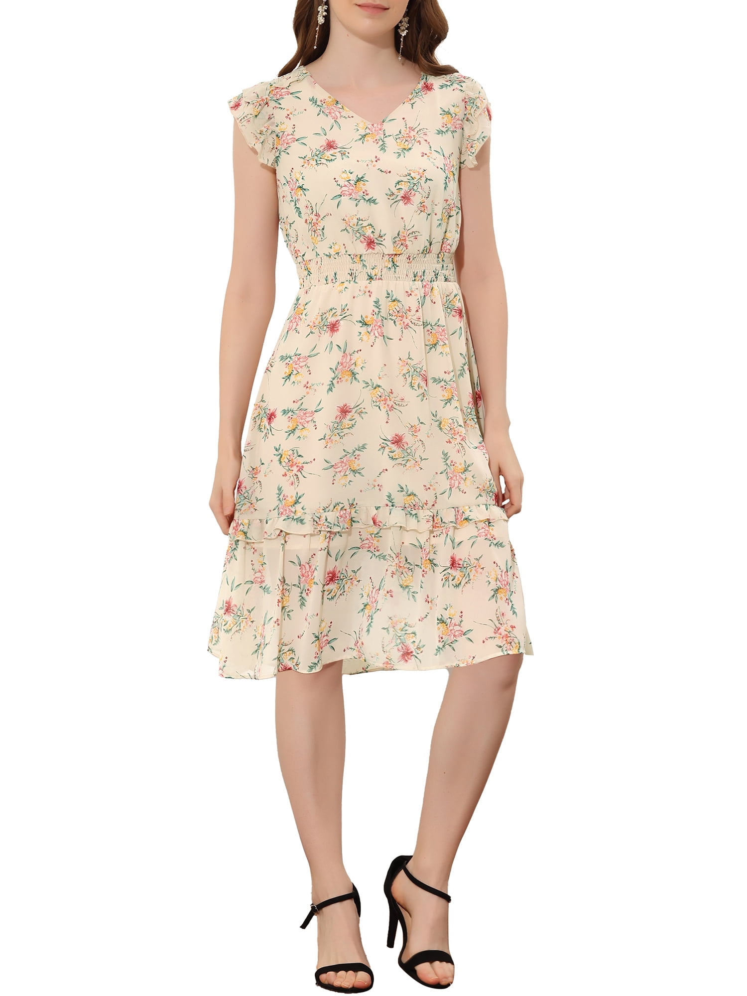 INSPIRE CHIC Women's Dress Floral Flutter Sleeves V Neck Casual Smocked ...