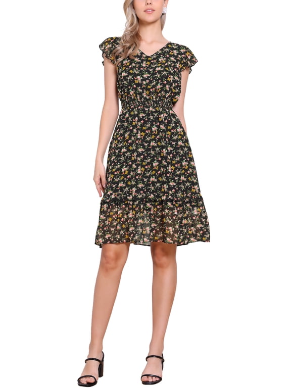 Women's Floral Dress Flutter Sleeves V Neck Smocked Ruffle Casual Dresses Black Yellow S
