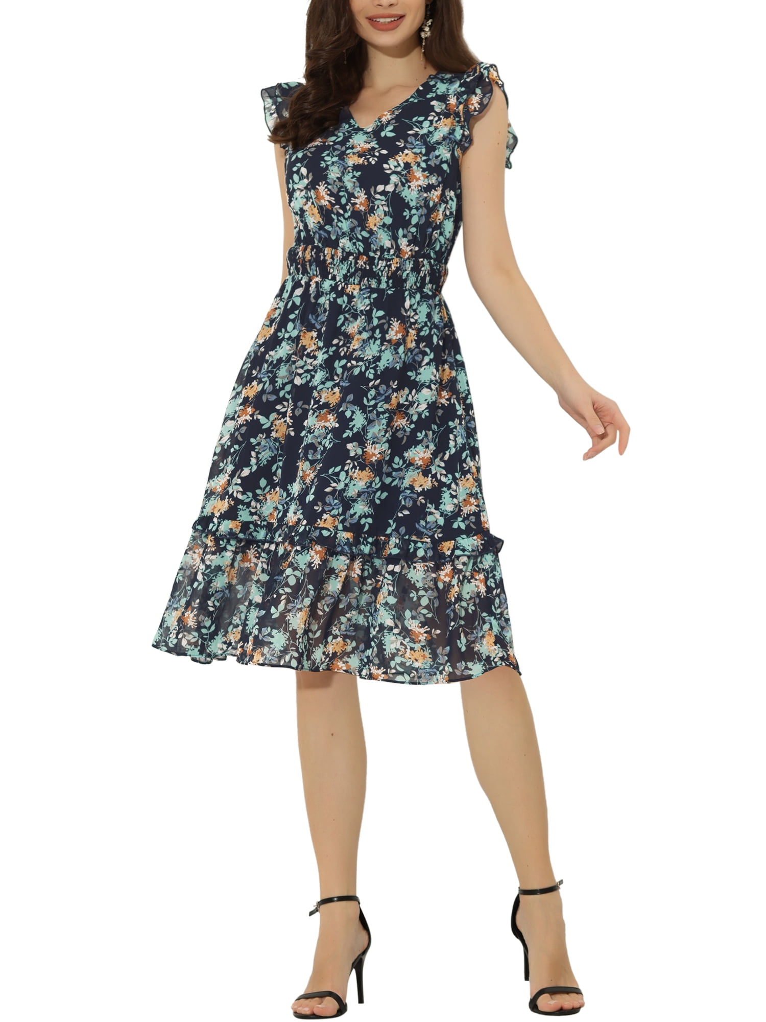 INSPIRE CHIC Women's Dress Floral Flutter Sleeves V Neck Casual Smocked ...