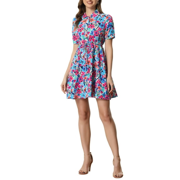 INSPIRE CHIC Women's Floral Dress Point Collar Button Up Tie Waist Summer Dresses