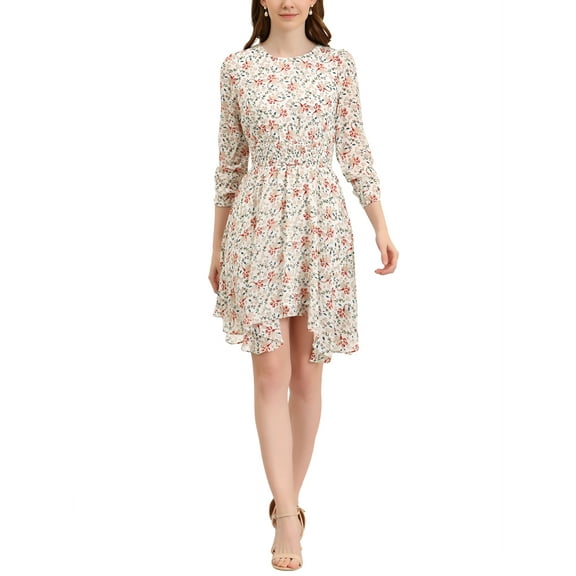 INSPIRE CHIC Women's Floral Dress Shirred Sleeve Smocked Dresses S White